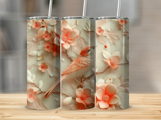 Three tumblers with floral and bird design.