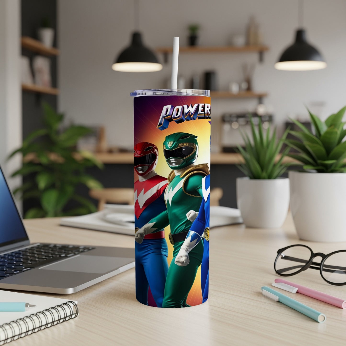 Two Power Rangers, Red and Green, on a tumbler with "Power Rangers" text.