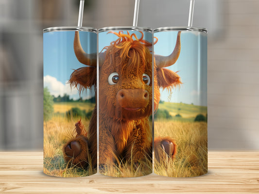 Three Highland cows with fuzzy brown fur and straws in a grassy field.