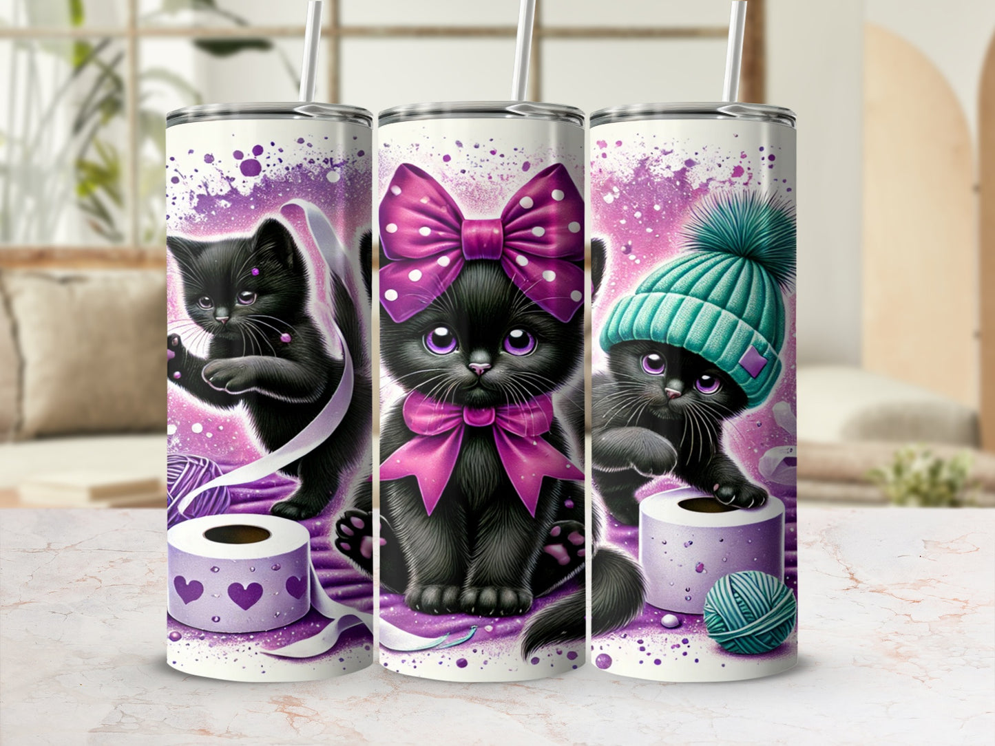 Cute Black Kittens with Bow and Hat Design Tumbler