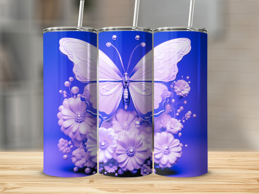 Blue tumbler with purple butterfly and floral design.