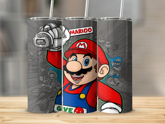 Mario holding a video game controller, "MARIO" text above, grayscale background.