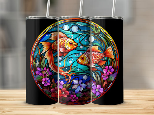 Stained glass design of two goldfish in a circular aquatic scene.