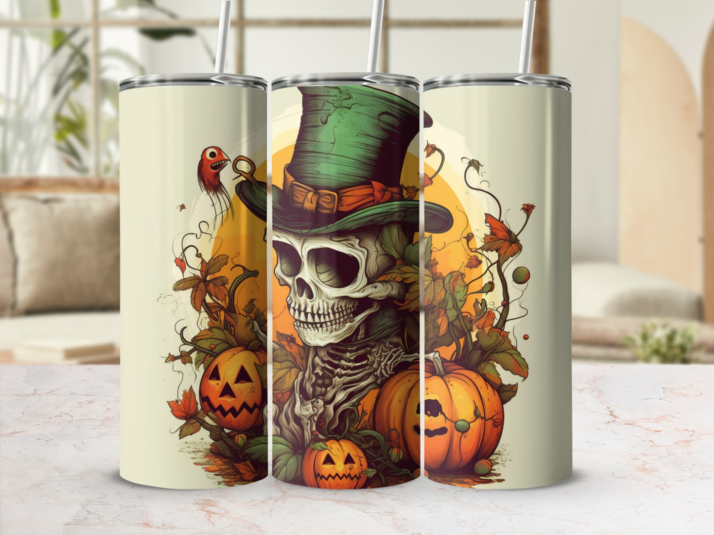 Halloween Skull and Pumpkin Themed Tumbler