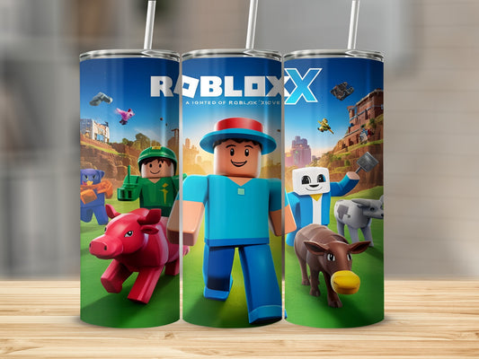 Roblox characters and animals on a blue tumbler with straws.