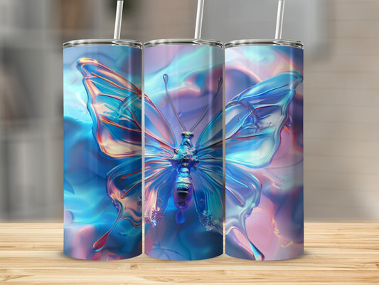 Iridescent butterfly design on three cylindrical tumblers.