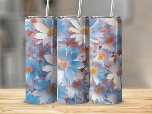 Three tumblers with blue and white floral pattern, straws inserted.