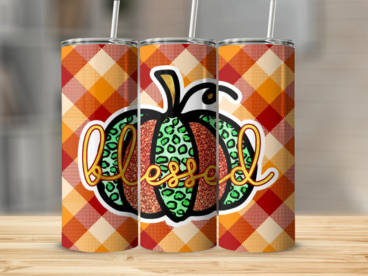 Three tumblers with orange and yellow plaid and "Blessed" pumpkin design.
