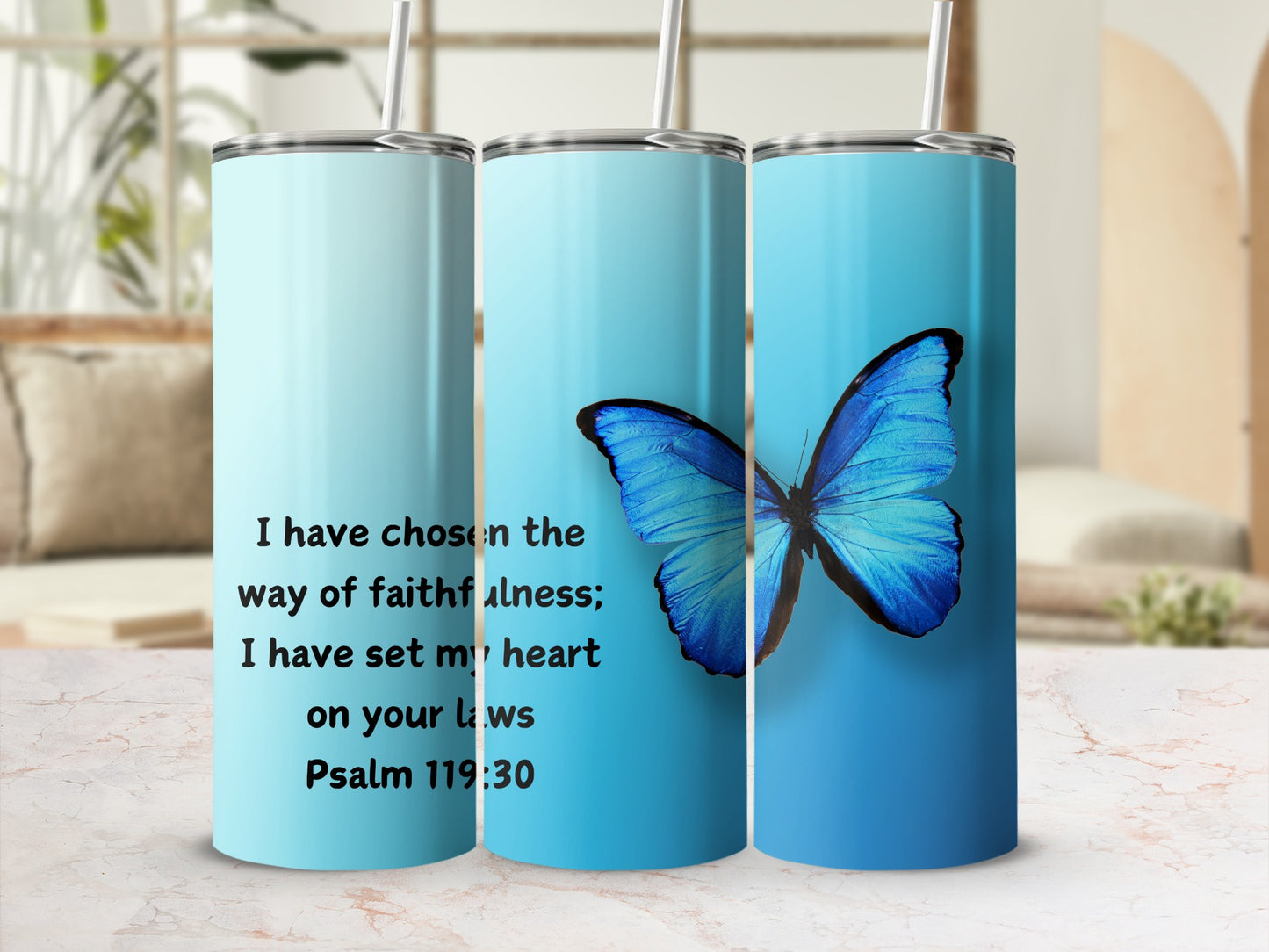 Faithfulness Inspiration Blue Butterfly Tumbler