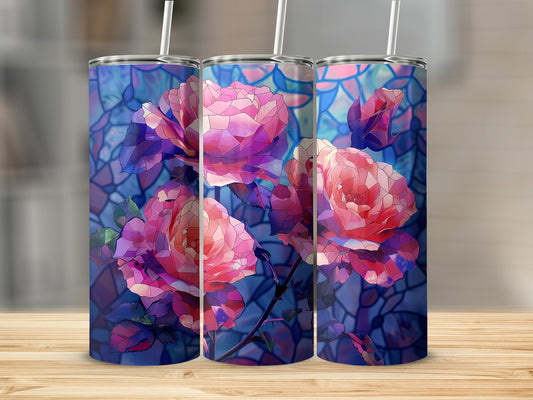 Three tumblers with a stained-glass rose design.