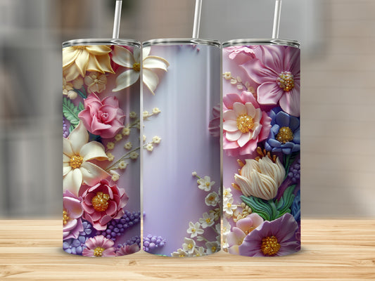 Three tumblers with floral designs and textured backgrounds.