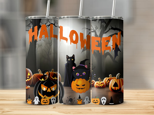 Three tumblers with a spooky Halloween theme featuring pumpkins, bats, ghosts, and cats.
