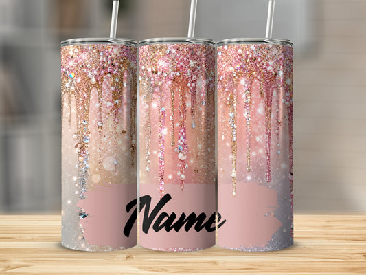 Three tumblers with dripping glitter and gem designs, featuring "Name" in script.