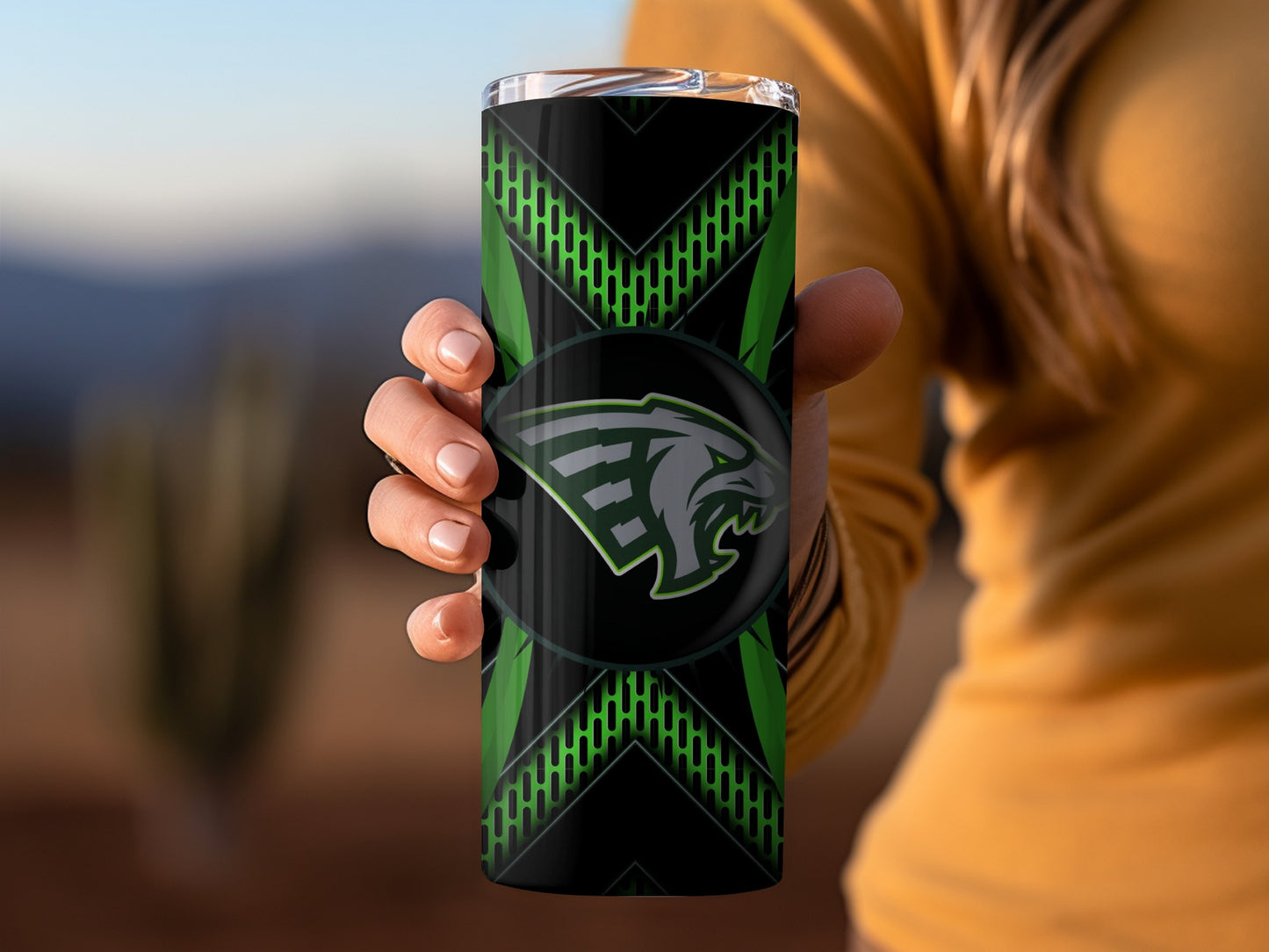 Green and Black Athletics Team Design with Panther Logo Tumblers