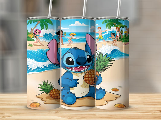 Stitch holding a pineapple with beach scene background on a skinny tumbler.