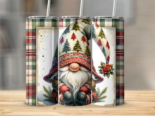 Gnome with Santa hat and Christmas trees, surrounded by plaid pattern.