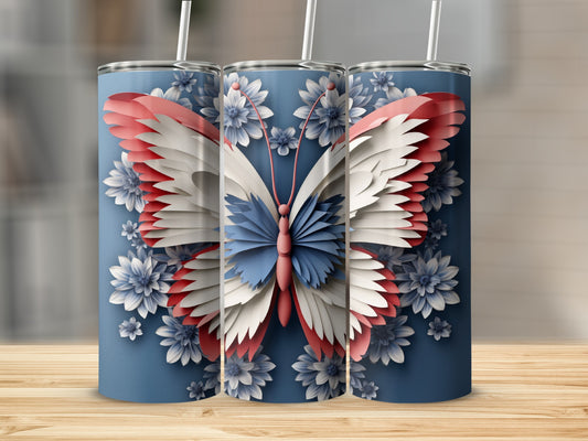 Three tumblers with patriotic butterfly design and floral background.