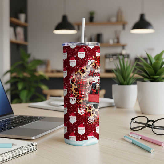 Christmas tumbler with Santa pattern, puppies in a truck, and leopard print.