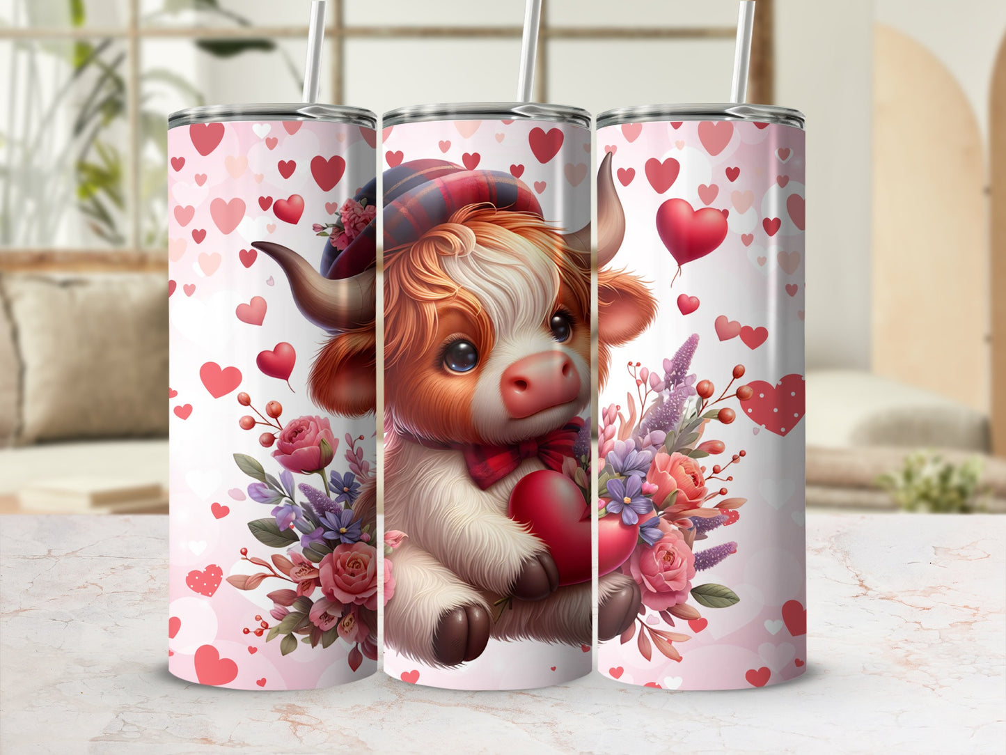 Adorable Cow with Hearts and Flowers Tumbler Design