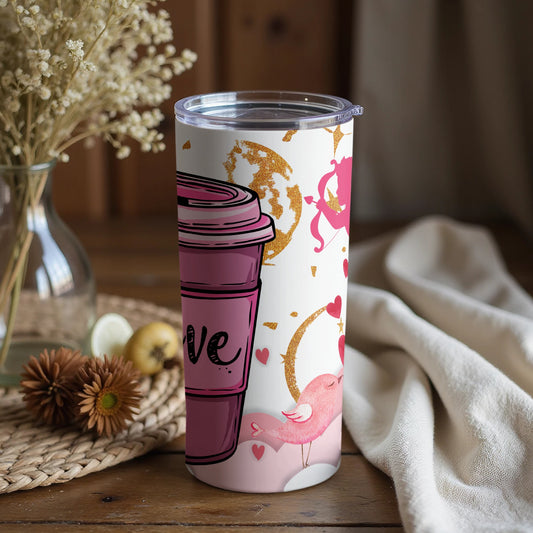 Love Pink Coffee Cup with Heart and Bird Graphic Tumbler