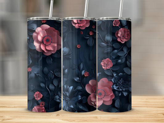 Three tumblers with navy blue floral and leaf design.