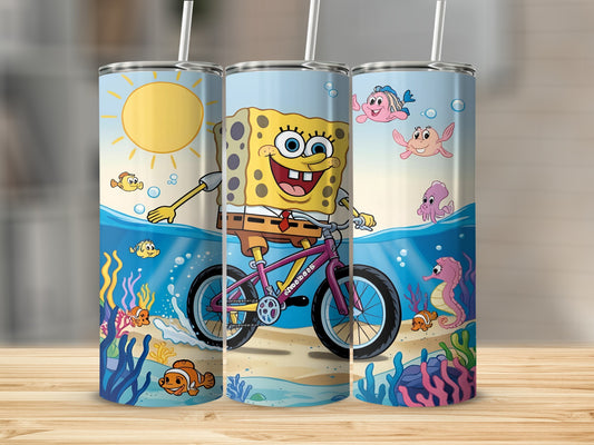 SpongeBob SquarePants riding a bicycle underwater with sea creatures and coral.