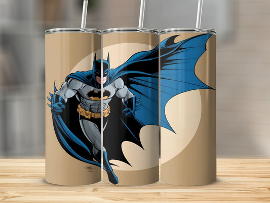 Batman running forward with blue cape and cowl on tan background.