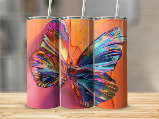 Three tumblers with iridescent butterfly design on orange gradient background.