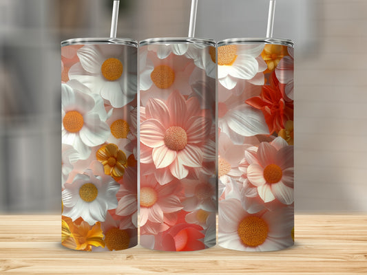 Three tumblers featuring a floral pattern with white and peach blossoms.