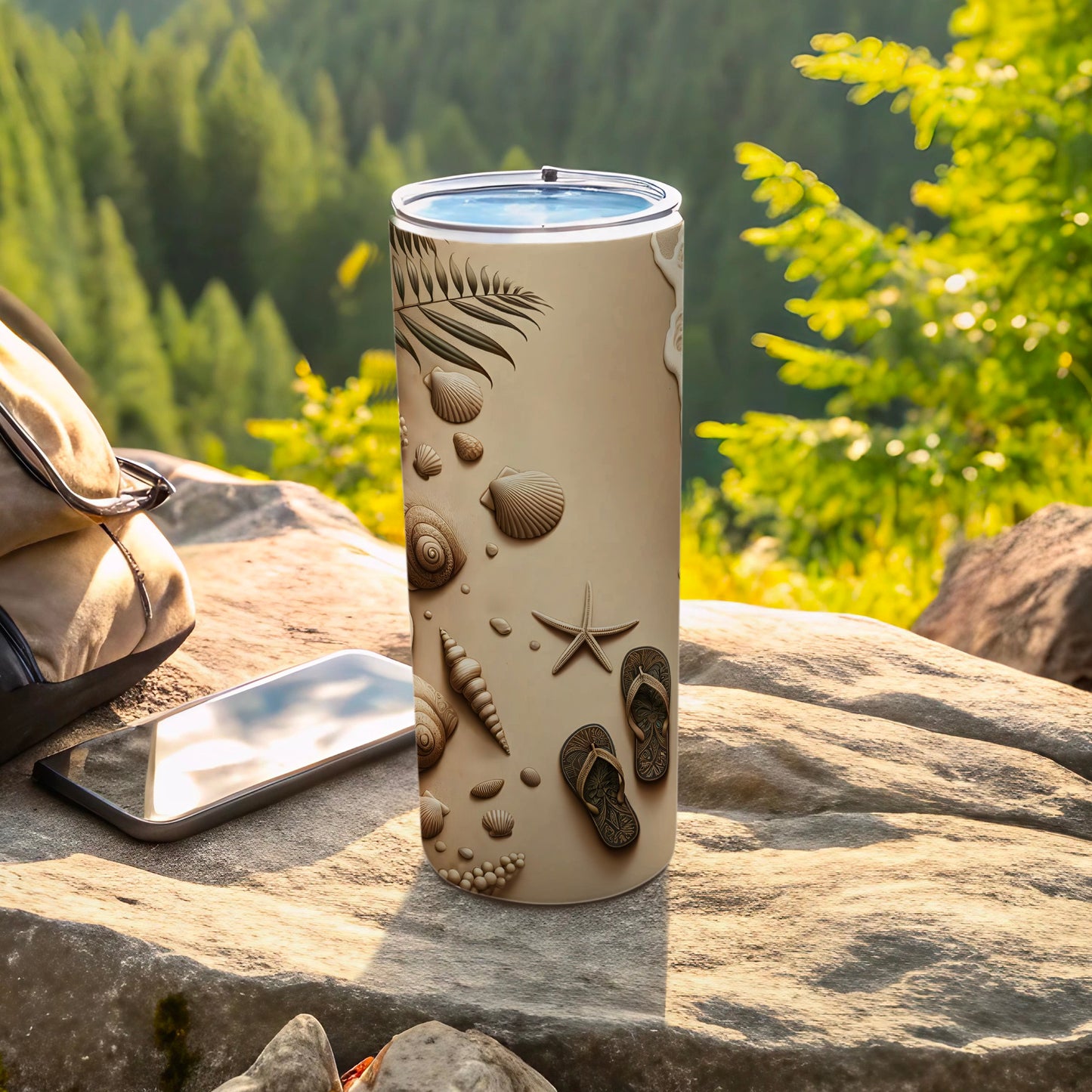 Beach-themed tumbler with shells, starfish, and flip-flops.