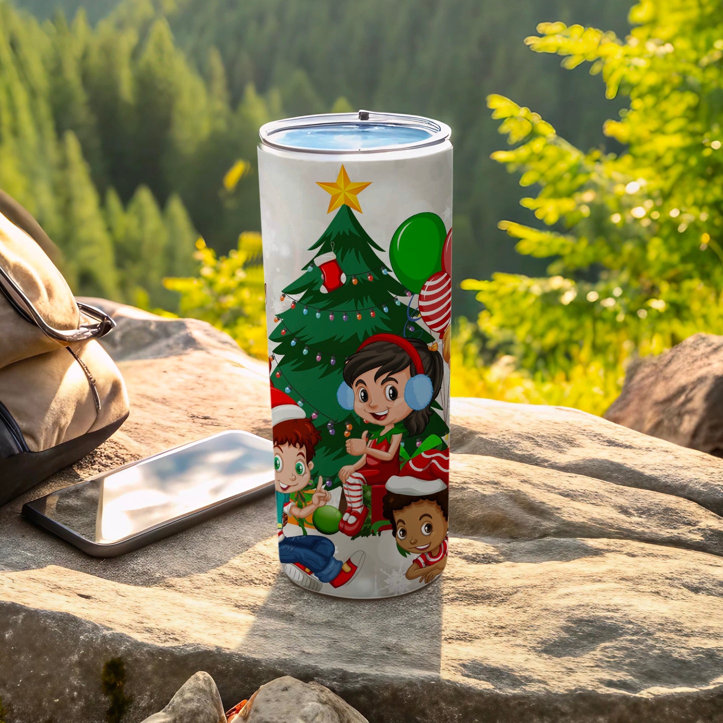 Festive Kids with Christmas Tree Design Travel Tumbler