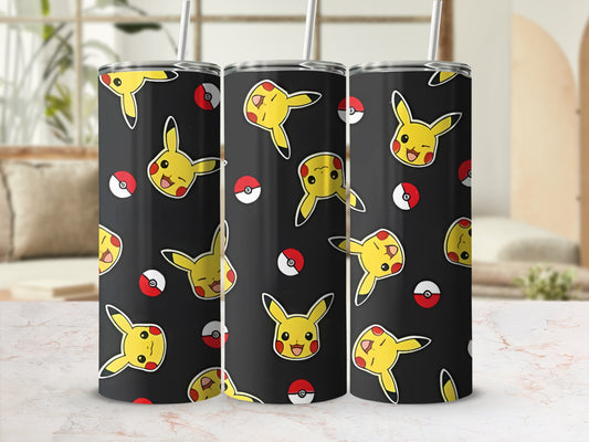 Pikachu and Pokeballs Design Tumbler with Straw
