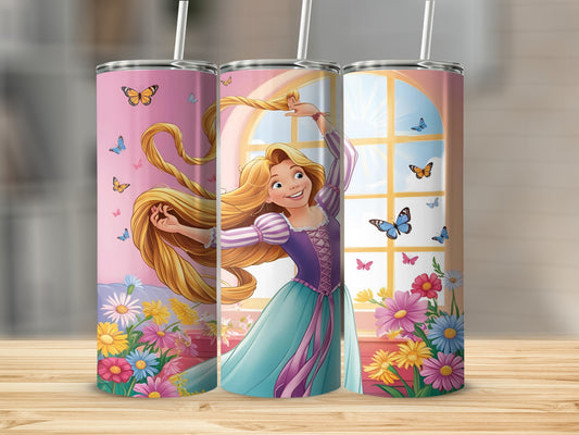 Rapunzel with long blonde hair and butterflies on a tumbler cup.