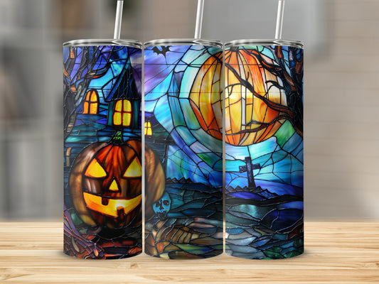 Stained glass tumbler design with Halloween pumpkin, haunted house, moon, and skull.