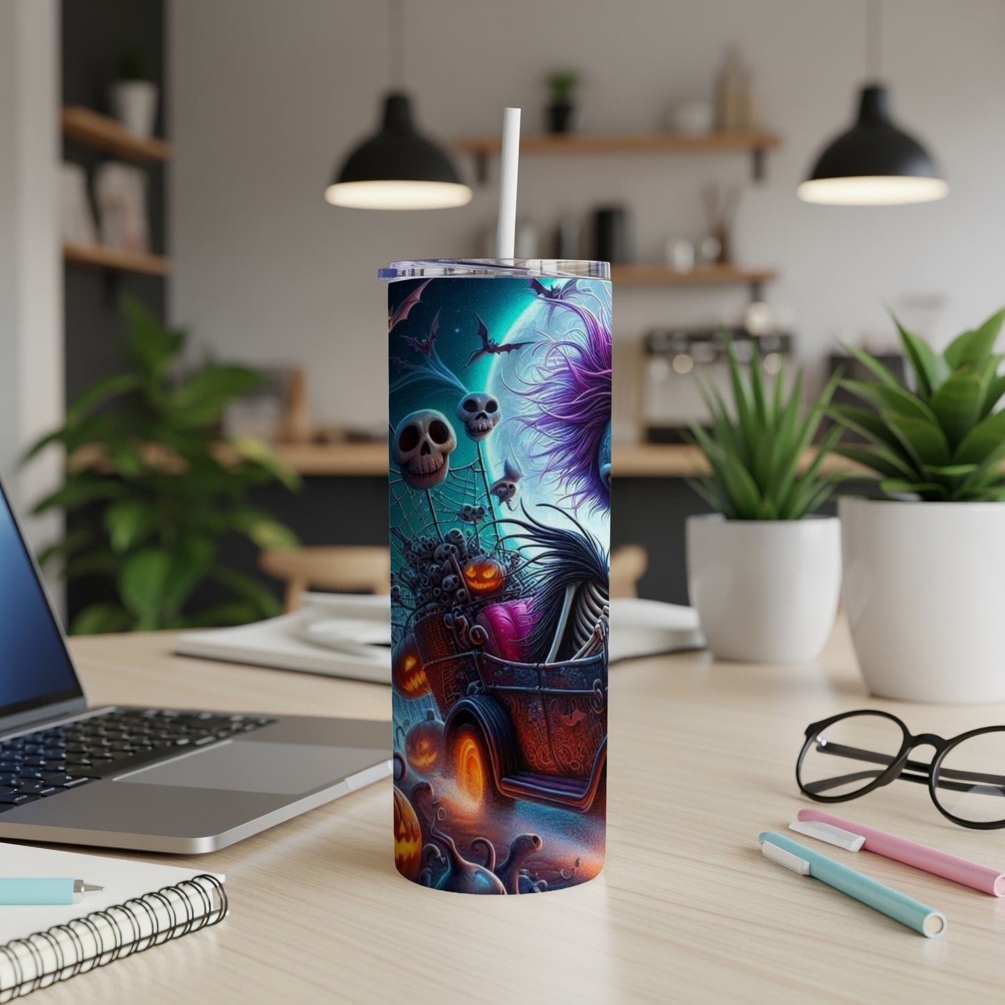 Halloween tumbler with spooky skeleton, pumpkins, bats, and skulls on a dark, starry background.