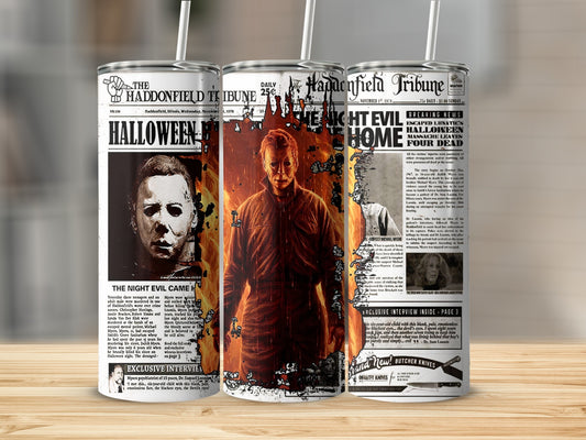 Haddonfield Tribune newspaper featuring Michael Myers and Halloween massacre headlines.