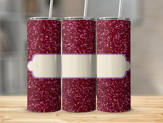 Three glittery tumblers with a blank cream ribbon band.