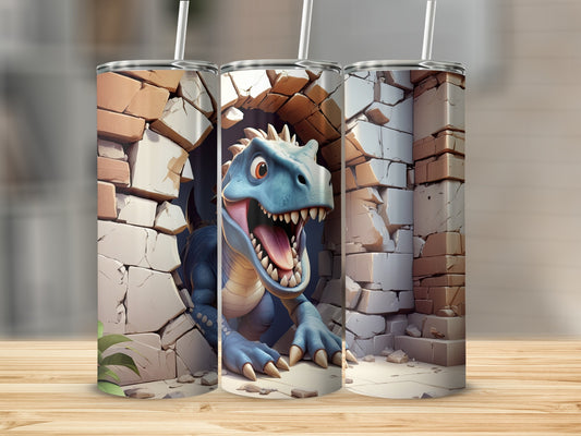Blue cartoon dinosaur bursting through a brick wall on a tumbler.