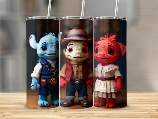 Three plush toy-like characters with stitched features on a wooden surface.