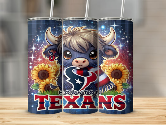 Cute cartoon bull wearing Houston Texans scarf and football logo, with sunflowers.