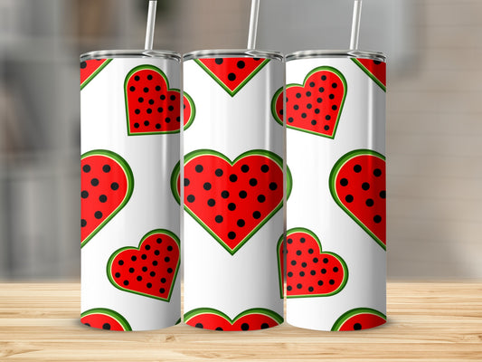 Three white tumblers with a repeating red watermelon heart pattern.