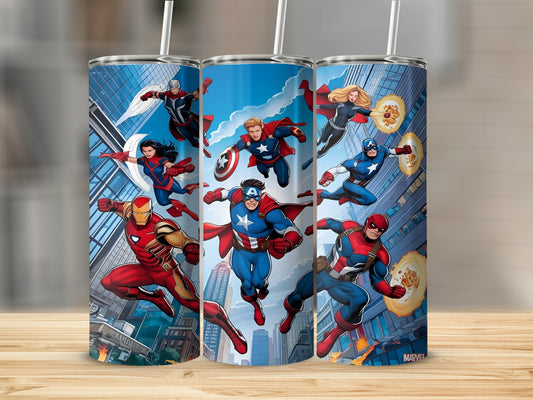 Marvel superheroes Captain America, Iron Man, Spider-Man, and Black Widow on tumblers.