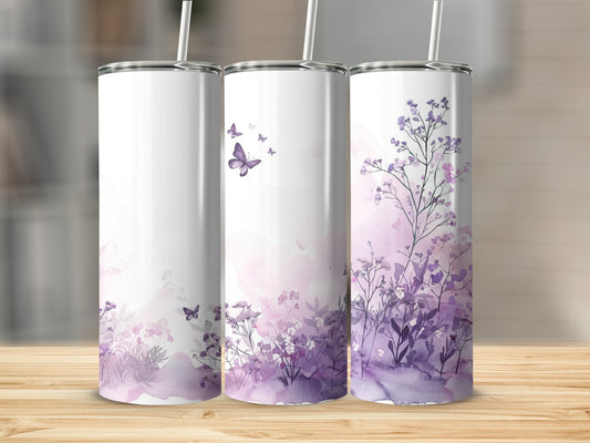 Three tumblers with purple floral and butterfly designs.