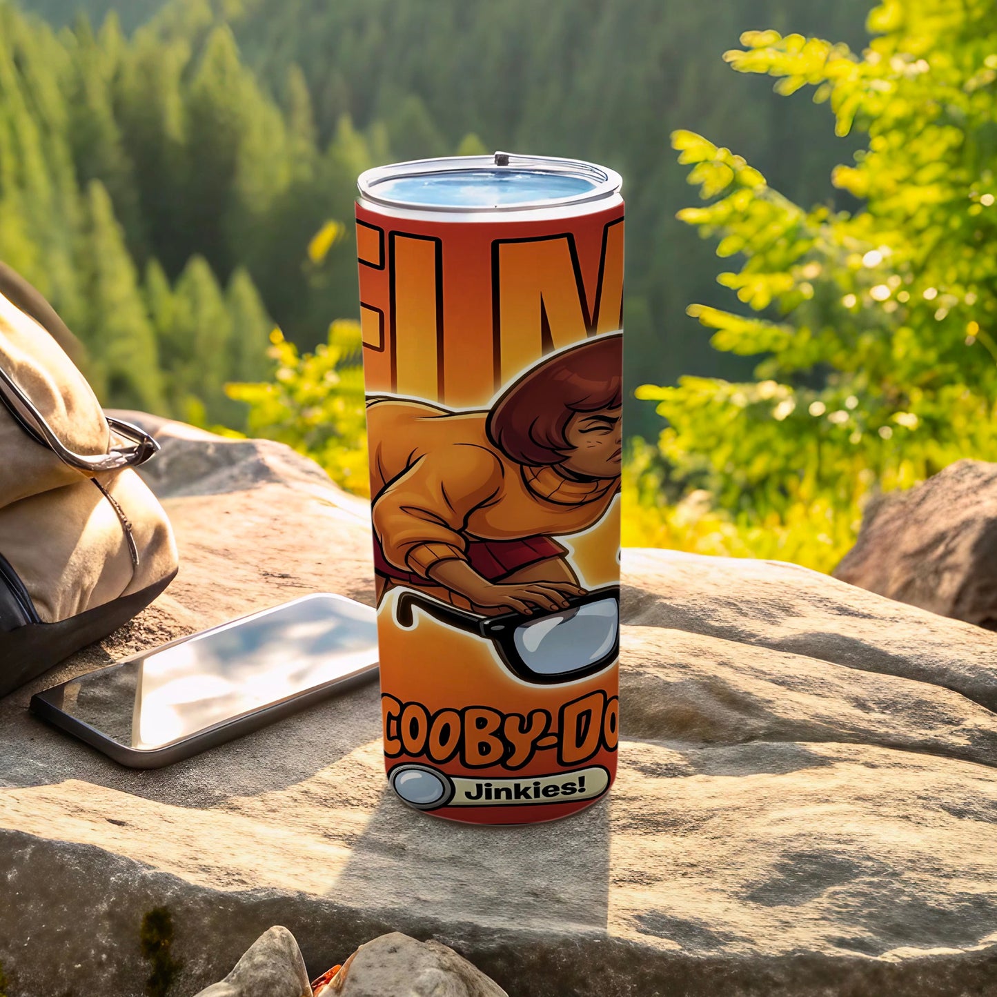 Velma Dinkley from Scooby-Doo on a stainless steel tumbler, "Jinkies!" text.
