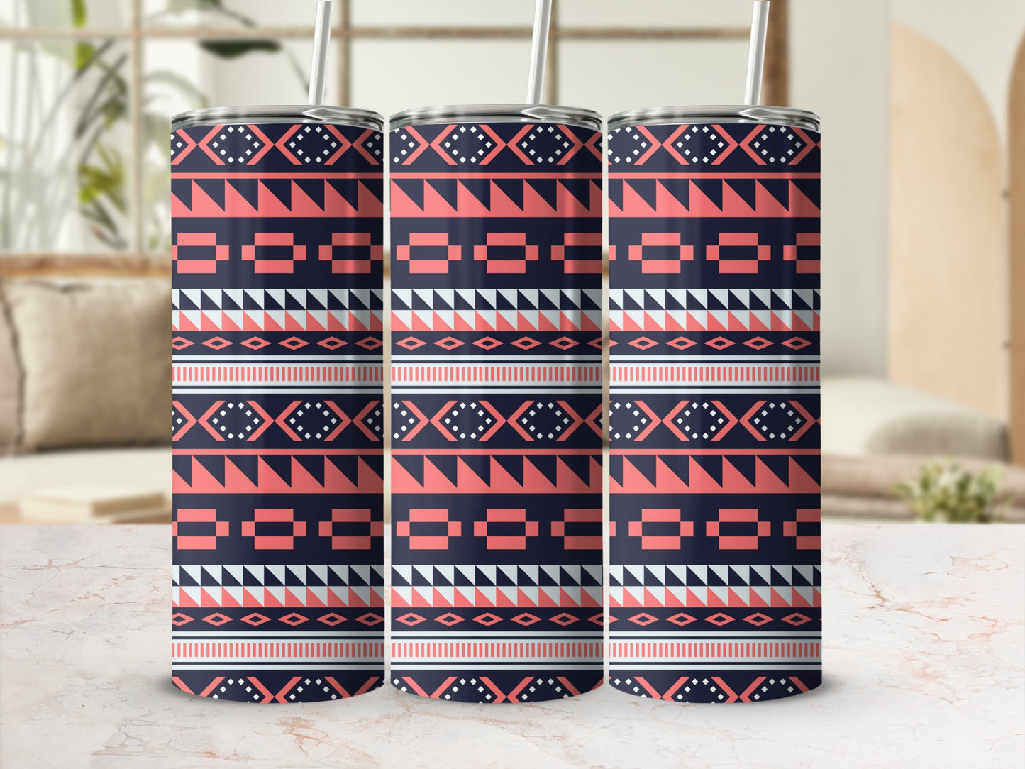 Geometric Patterned Tumbler with Straw for Beverages