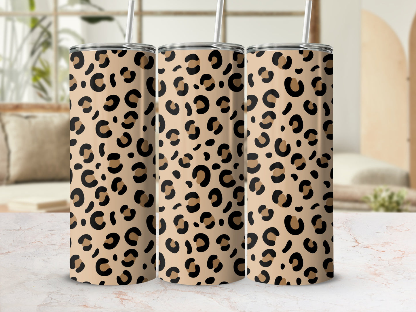 Leopard Print Tumbler with Straw Travel Mug Cup