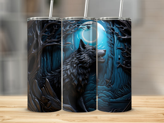 Three tumblers featuring a black wolf howling at a blue moon in a dark forest.