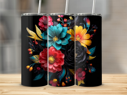 Three black tumblers displaying a vibrant floral bouquet design.