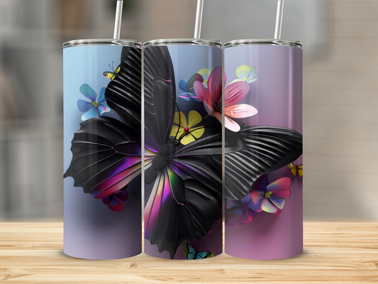 Three tumblers with black butterfly and floral designs.