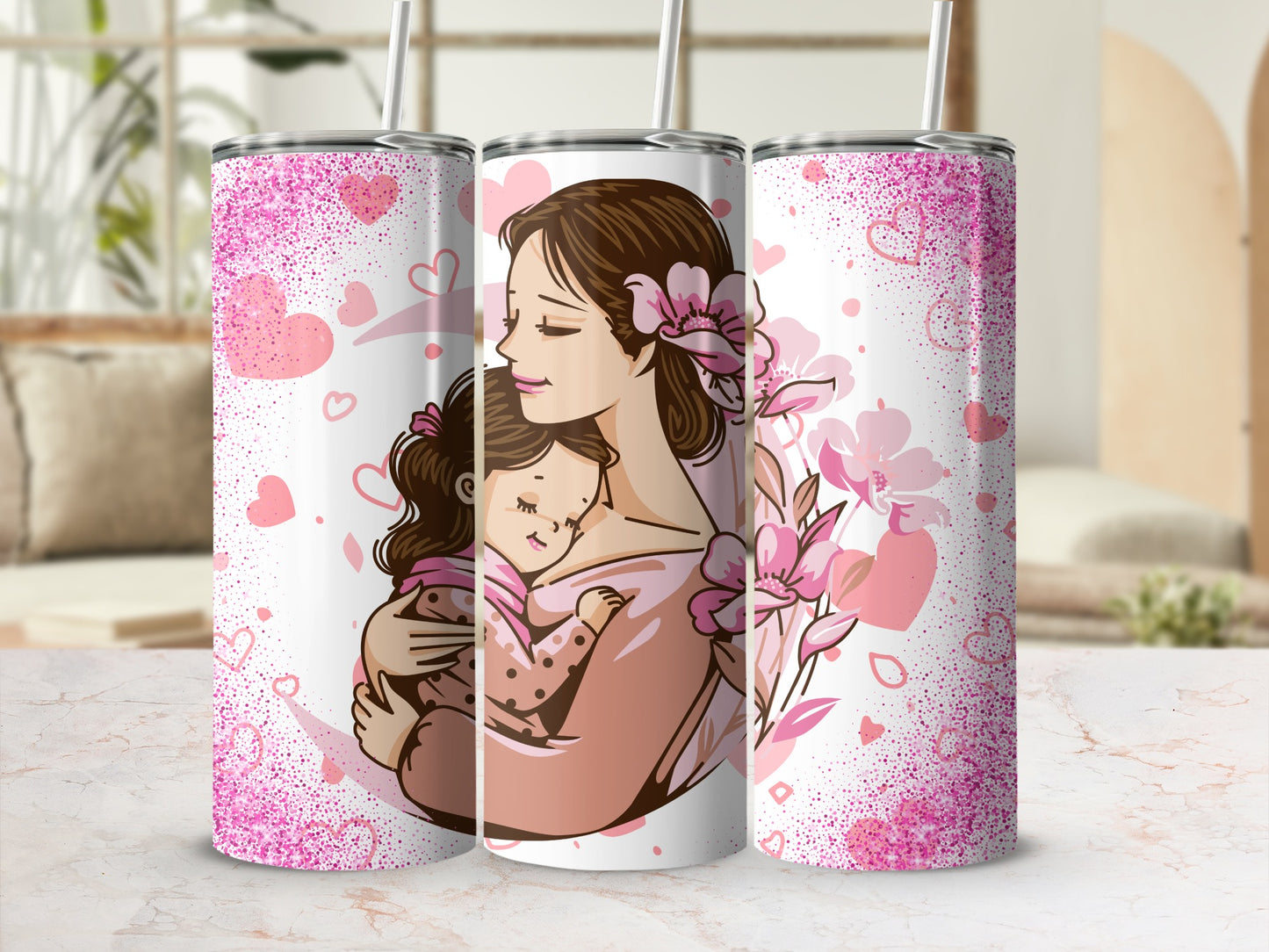 Beautiful Mother and Daughter Tumbler with Pink Hearts